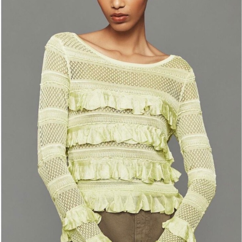 Anthropologie Ruffle Open Knit Sweater Womens Large Lime Green Feminine Coquette